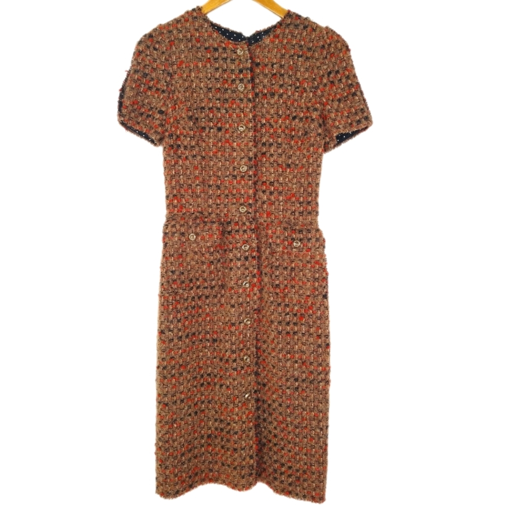 Dolce & Gabbana ICONIC Tweed Midi S/S Dress, gold buttons, Size XS